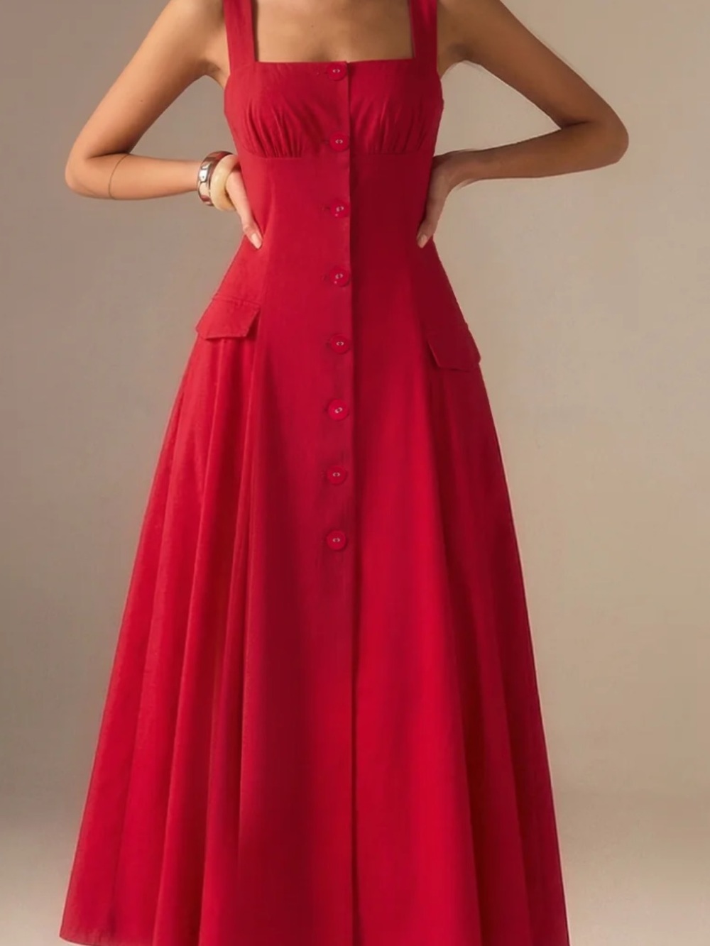 Commense Vibrant Red Button-Front Midi Dress